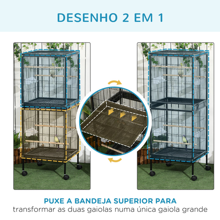 Gaiola para Pássaros com Rodas Gaiola Grande de 2 Níveis com Bandejas Removíveis Portas Comedouros Poleiros para Canários Periquitos 51,5x50x140 cm Preto