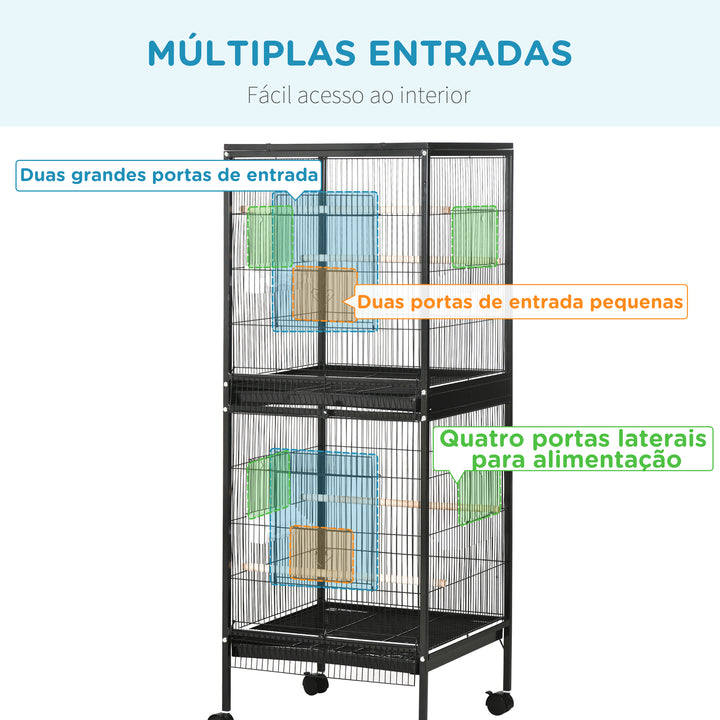 Gaiola para Pássaros com Rodas Gaiola Grande de 2 Níveis com Bandejas Removíveis Portas Comedouros Poleiros para Canários Periquitos 51,5x50x140 cm Preto