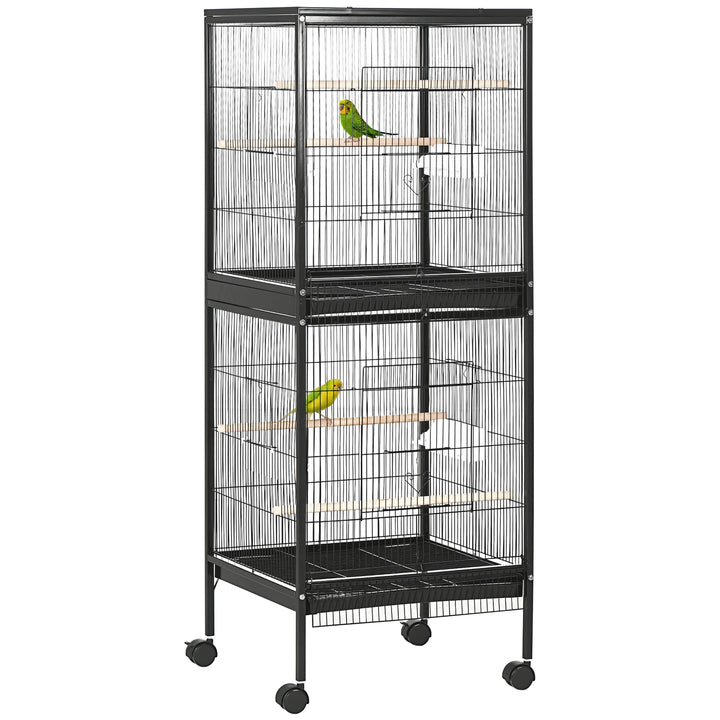 Gaiola para Pássaros com Rodas Gaiola Grande de 2 Níveis com Bandejas Removíveis Portas Comedouros Poleiros para Canários Periquitos 51,5x50x140 cm Preto