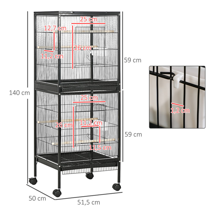 Gaiola para Pássaros com Rodas Gaiola Grande de 2 Níveis com Bandejas Removíveis Portas Comedouros Poleiros para Canários Periquitos 51,5x50x140 cm Preto