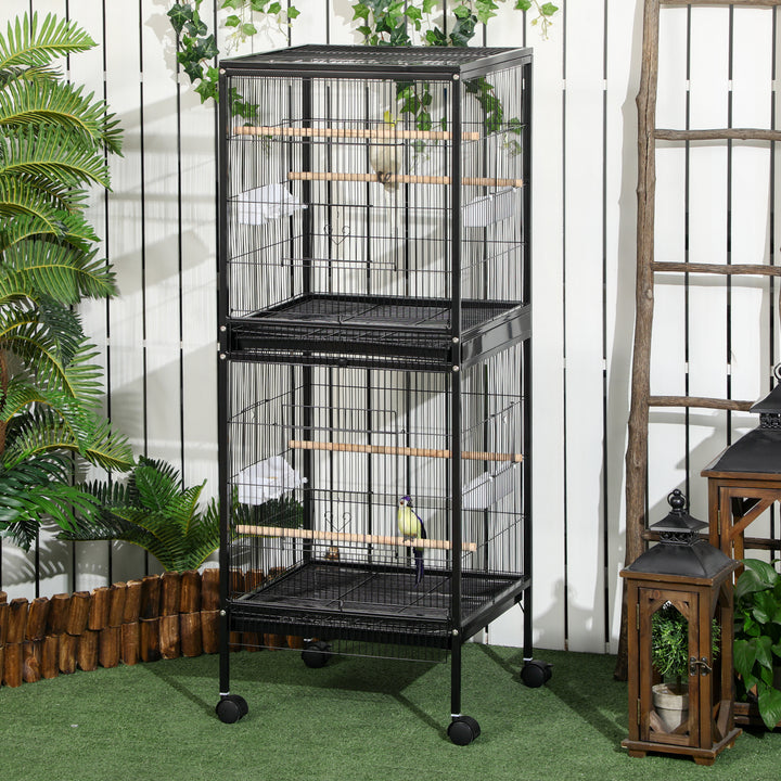 Gaiola para Pássaros com Rodas Gaiola Grande de 2 Níveis com Bandejas Removíveis Portas Comedouros Poleiros para Canários Periquitos 51,5x50x140 cm Preto