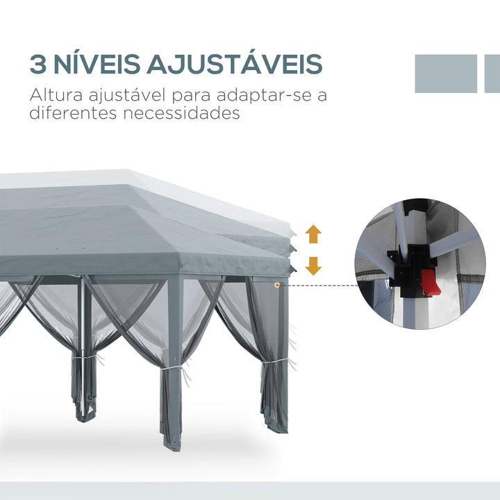 Tenda Dobrável 585x295x270 cm Tenda de Jardim com 6 Mosquiteiros Bolsa de Transporte e Estrutura de Aço para Campismo Festas Cinza
