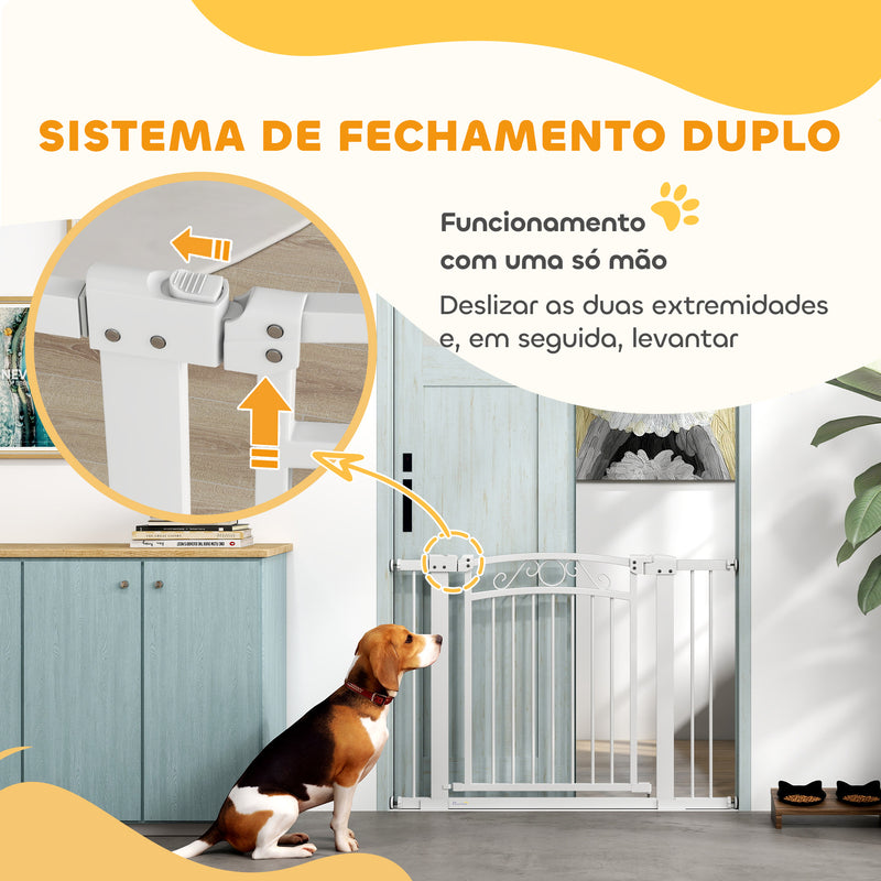 Barreira de Segurança para Cães Extensível 76-102 cm Barreira para Animais de Estimação Barreira para Cães com 2 Extensões Duplo Bloqueio para Escada Porta Branco