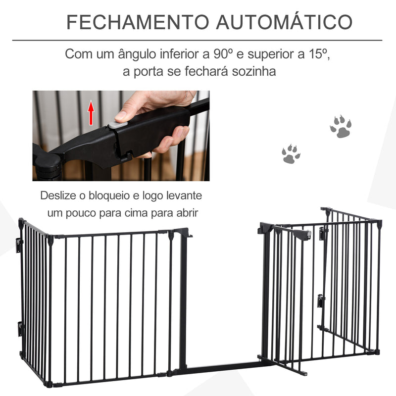 Barreira de Segurança para Animais de Estimação Barreira Dobrável de 5 Painéis com Fechadura Inteligente para Corredor Escada 300x74,5 cm Preto