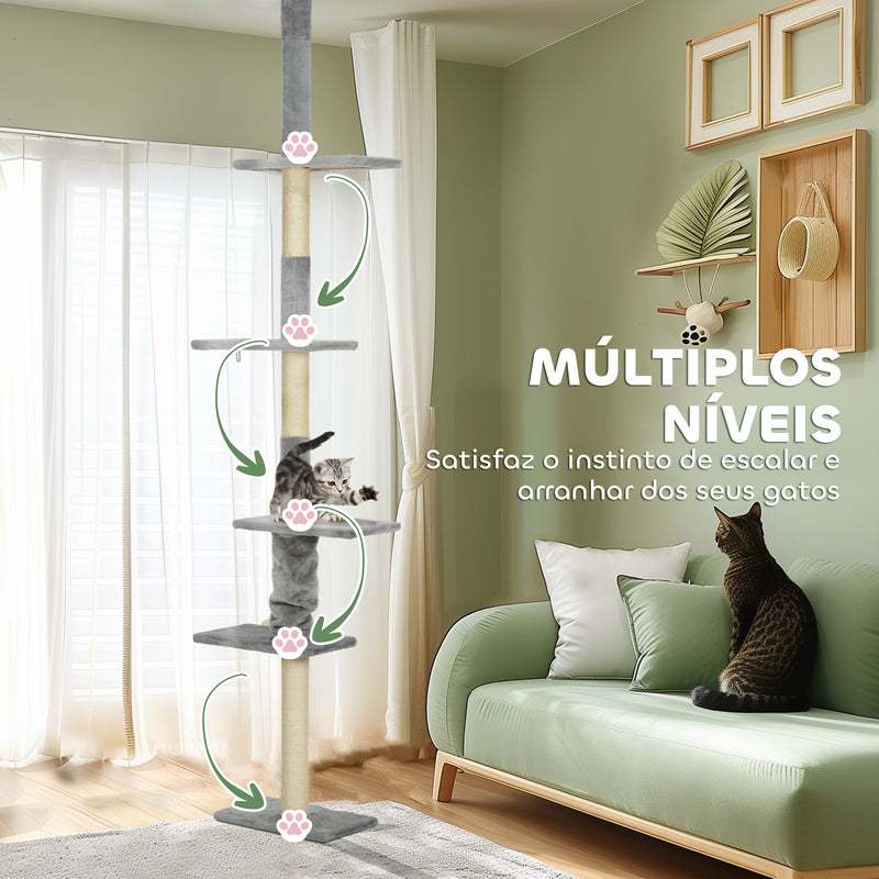 Arranhador para Gatos do Chão ao Teto 225-275 cm Arranhador para Gatos Torre para Gatos com Múltiplas Plataformas Sistema Anti-Tombo Cinza Claro