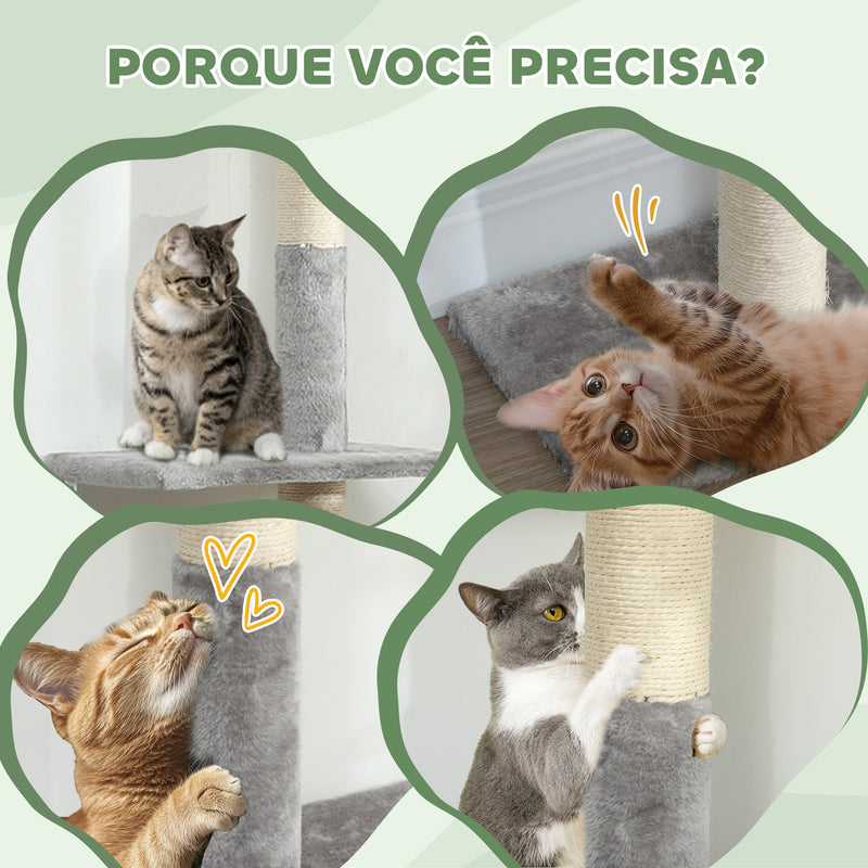 Arranhador para Gatos do Chão ao Teto 225-275 cm Arranhador para Gatos Torre para Gatos com Múltiplas Plataformas Sistema Anti-Tombo Cinza Claro