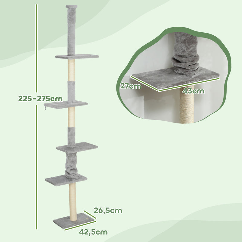 Arranhador para Gatos do Chão ao Teto 225-275 cm Arranhador para Gatos Torre para Gatos com Múltiplas Plataformas Sistema Anti-Tombo Cinza Claro