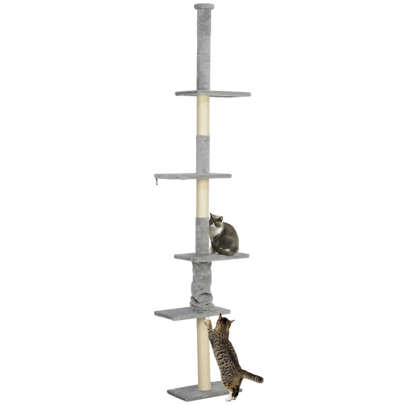 Arranhador para Gatos do Chão ao Teto 225-275 cm Arranhador para Gatos Torre para Gatos com Múltiplas Plataformas Sistema Anti-Tombo Cinza Claro