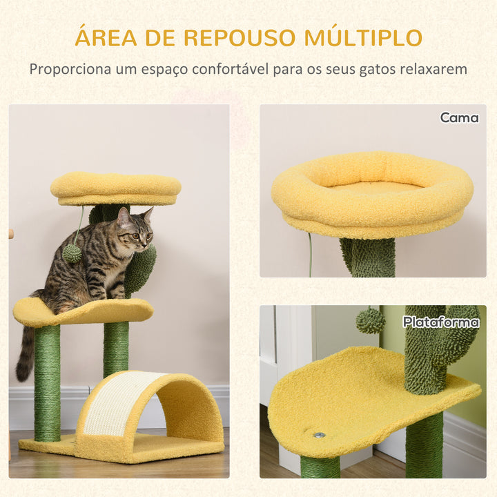 Árvore Arranhador para Gatos de 72cm Torre para Gatos Centro de Atividades com Cama Poste de Sisal e Bolsa Suspensa 40x35x72cm Amarelo e Verde