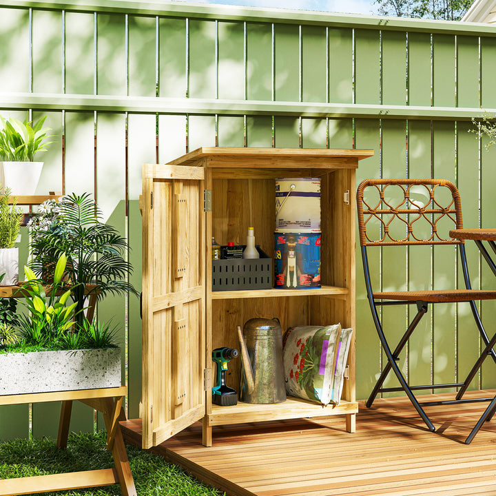 Armário de Jardim em Madeira 63,5x40x90 cm Armário de Exterior para Armazenamento de Ferramentas com 2 Prateleiras Porta Estilo Celeiro e Telhado em Aço Galvanizado Madeira