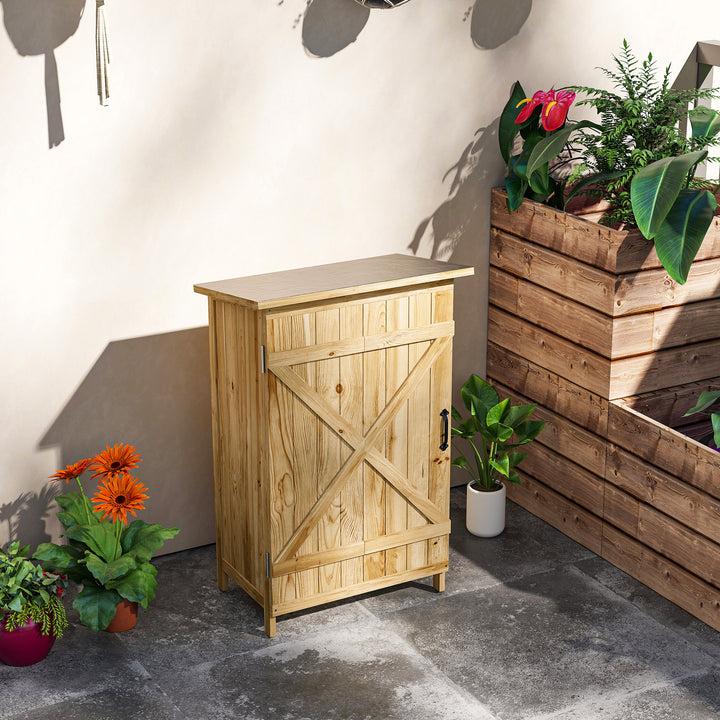 Armário de Jardim em Madeira 63,5x40x90 cm Armário de Exterior para Armazenamento de Ferramentas com 2 Prateleiras Porta Estilo Celeiro e Telhado em Aço Galvanizado Madeira