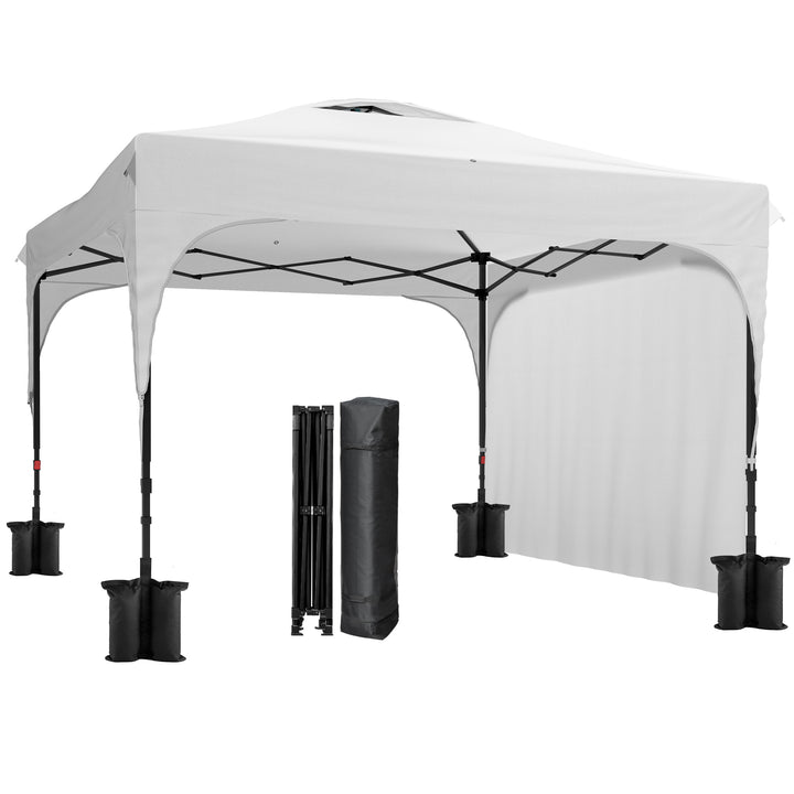 Tenda Dobrável 3x3m com Altura Ajustável Tenda de Jardim com 1 Parede Lateral Teto com Ventilação 4 Sacos de Areia e Bolsa de Transporte para Campismo Festas Branco