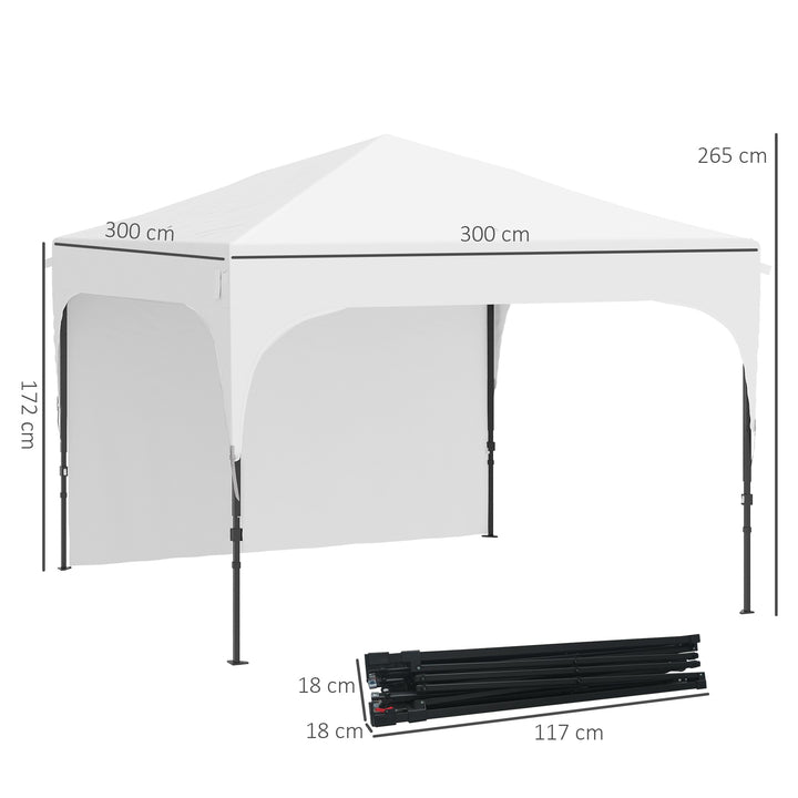 Tenda Dobrável 3x3m com Altura Ajustável Tenda de Jardim com 1 Parede Lateral Teto com Ventilação 4 Sacos de Areia e Bolsa de Transporte para Campismo Festas Branco