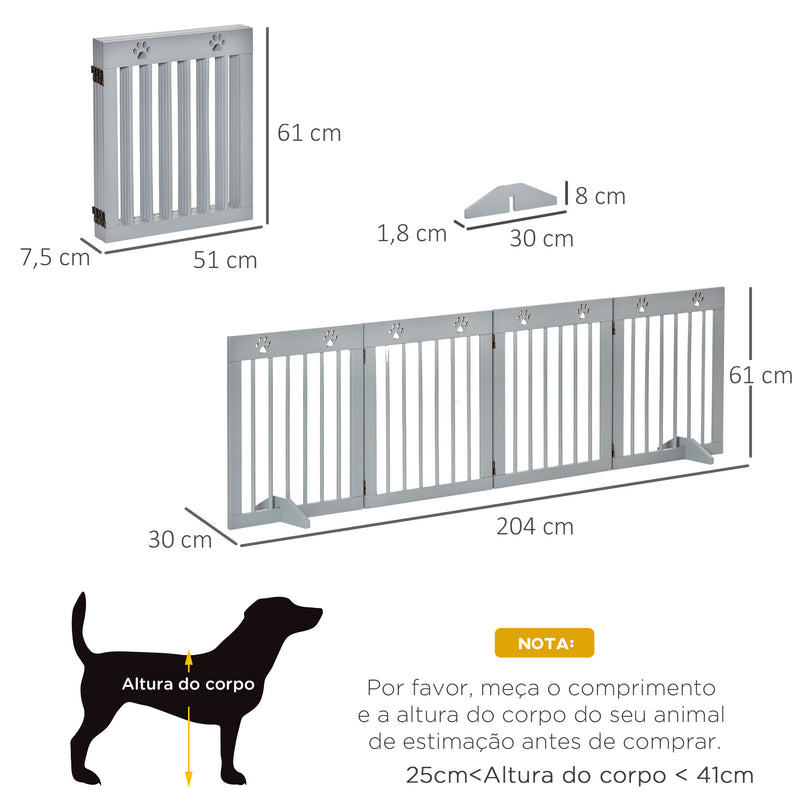 Barreira de Segurança Dobrável para Cães Grade de Proteção de 4 Painéis com Pés para Portas Escadas Corredor 204x30x61 cm Cinza