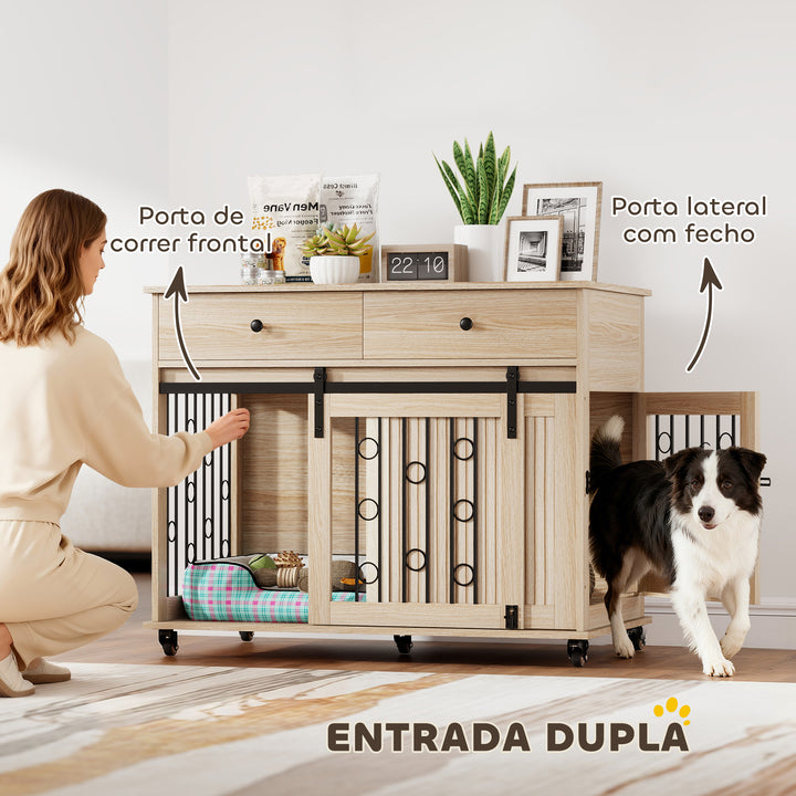 Gaiola para Cães com Rodas Mesa de Apoio Casa para Animais Moderna com 2 Gavetas 2 Portas e Fecho para Cães Médios e Grandes 100x56x81 cm Carvalho