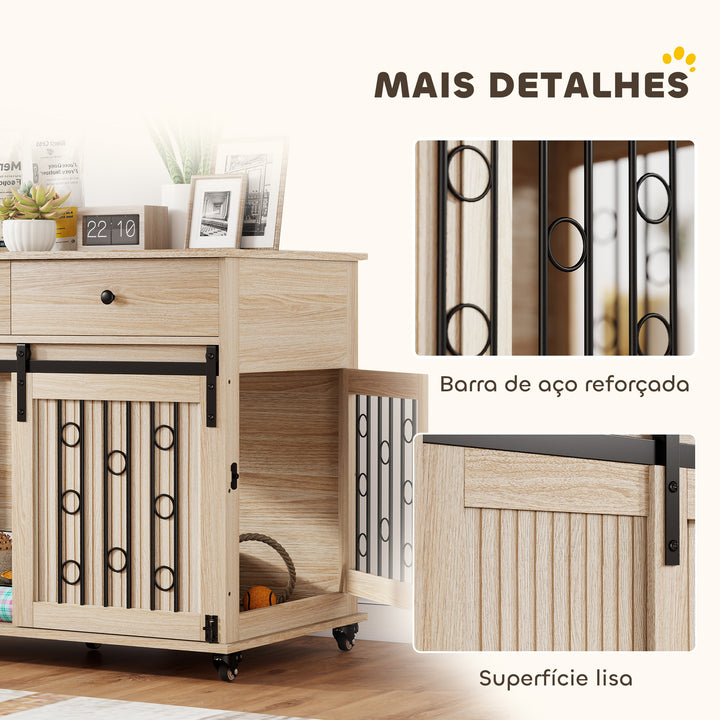 Gaiola para Cães com Rodas Mesa de Apoio Casa para Animais Moderna com 2 Gavetas 2 Portas e Fecho para Cães Médios e Grandes 100x56x81 cm Carvalho