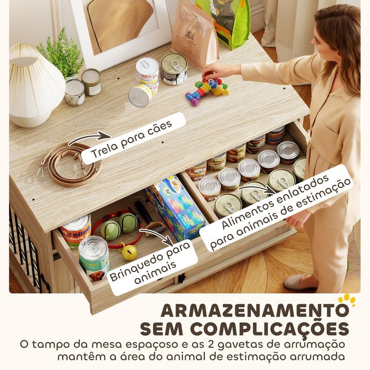 Gaiola para Cães com Rodas Mesa de Apoio Casa para Animais Moderna com 2 Gavetas 2 Portas e Fecho para Cães Médios e Grandes 100x56x81 cm Carvalho