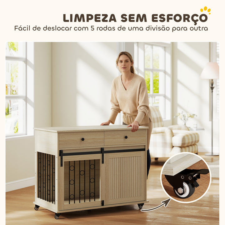 Gaiola para Cães com Rodas Mesa de Apoio Casa para Animais Moderna com 2 Gavetas 2 Portas e Fecho para Cães Médios e Grandes 100x56x81 cm Carvalho