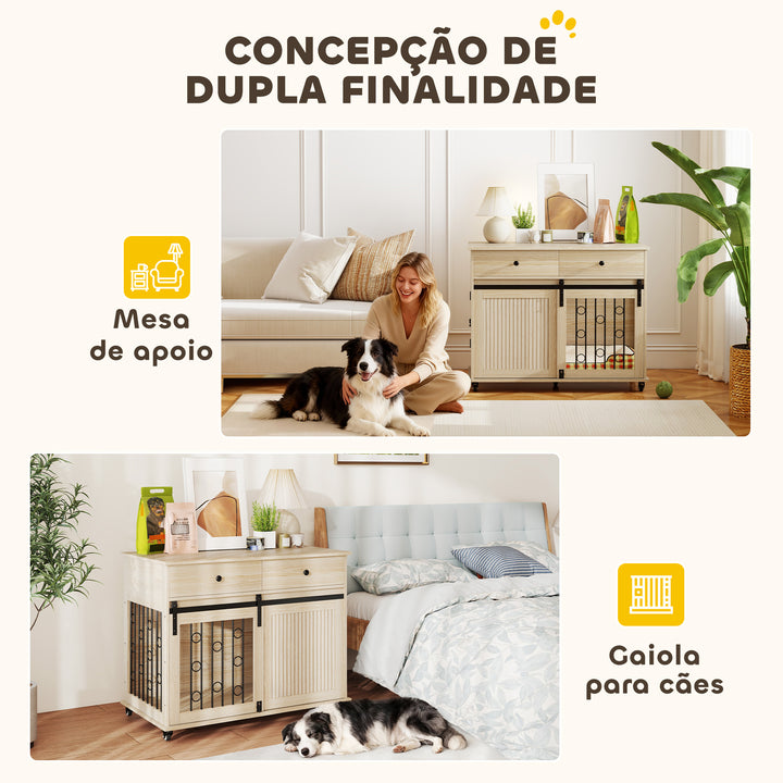Gaiola para Cães com Rodas Mesa de Apoio Casa para Animais Moderna com 2 Gavetas 2 Portas e Fecho para Cães Médios e Grandes 100x56x81 cm Carvalho