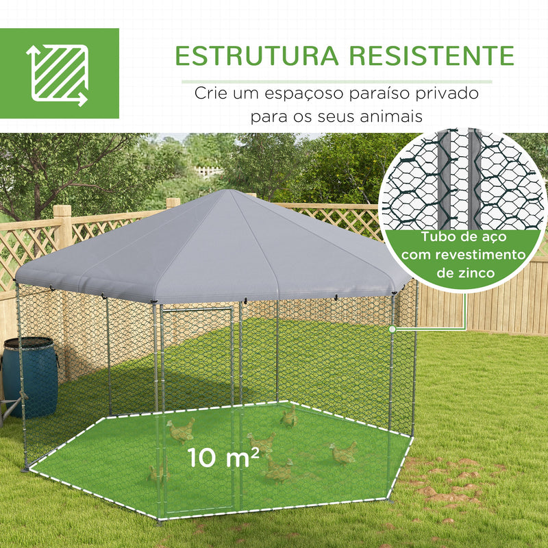 Galinheiro Grande de Exterior em Aço 400x346x263 cm Estrutura Hexagonal Coberta com Tecido Oxford Resistente aos Raios UV e Impermeável para Jardim Prata