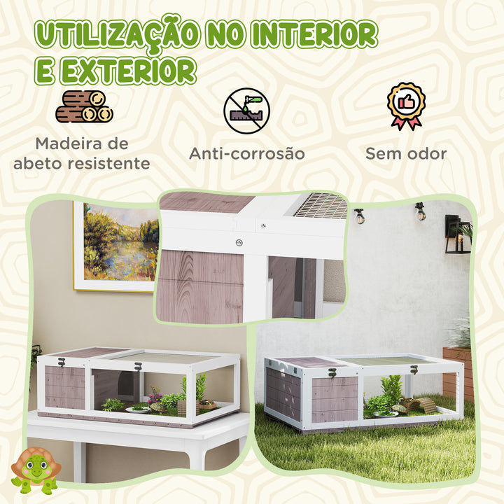 Casa para Tartarugas de Madeira Terrario para Reptéis com Teto de Malha Painéis Laterais Transparentes e Trava de Segurança 91x60,5x32 cm Castanho Acinzentado