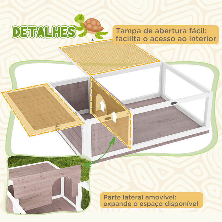 Casa para Tartarugas de Madeira Terrario para Reptéis com Teto de Malha Painéis Laterais Transparentes e Trava de Segurança 91x60,5x32 cm Castanho Acinzentado