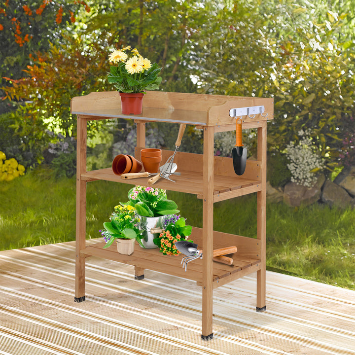 Mesa de Plantação em Madeira de 3 Níveis Mesa de Jardinagem com Placa Metálica 2 Prateleiras e Ganchos Resistente às Intempéries para Jardim Varanda 76x37x89 cm Madeira