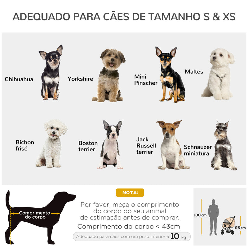 Carrinho para Animais de Estimação Dobrável Carro para Cães e Gatos com Capô Ajustável Cesta de Armazenamento Cinto de Segurança Tecido Oxford 600D Aço 76,5x52x95 cm Marrom Claro