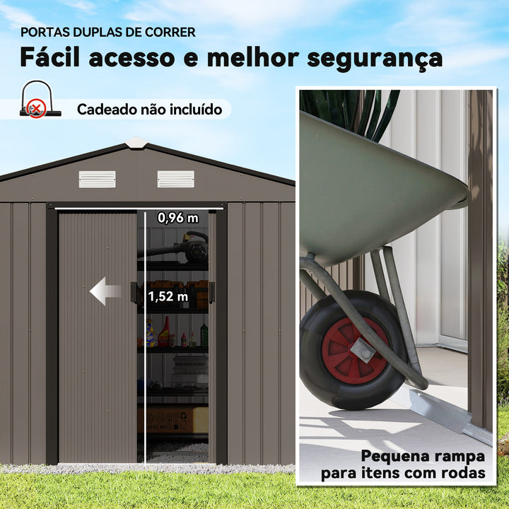 Abrigo de Jardim Exterior Abrigo e Jardim Metálico para Armazenamento de Ferramentas com Base Incluída e 4 Janelas 277x195x192 cm Madeira