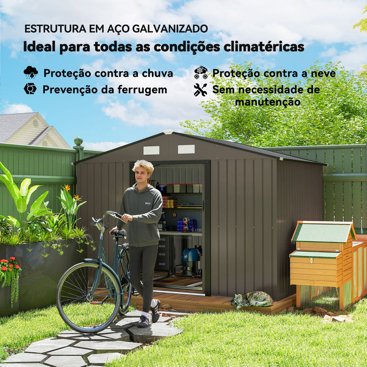 Abrigo de Jardim Exterior Abrigo e Jardim Metálico para Armazenamento de Ferramentas com Base Incluída e 4 Janelas 277x195x192 cm Madeira