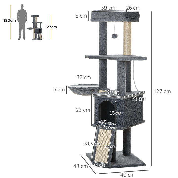 Arranhador para Gatos 127 cm Torre Escalador com Caverna Rede Cama Plataformas Rampa de Sisal Bola Pendurada Cinza