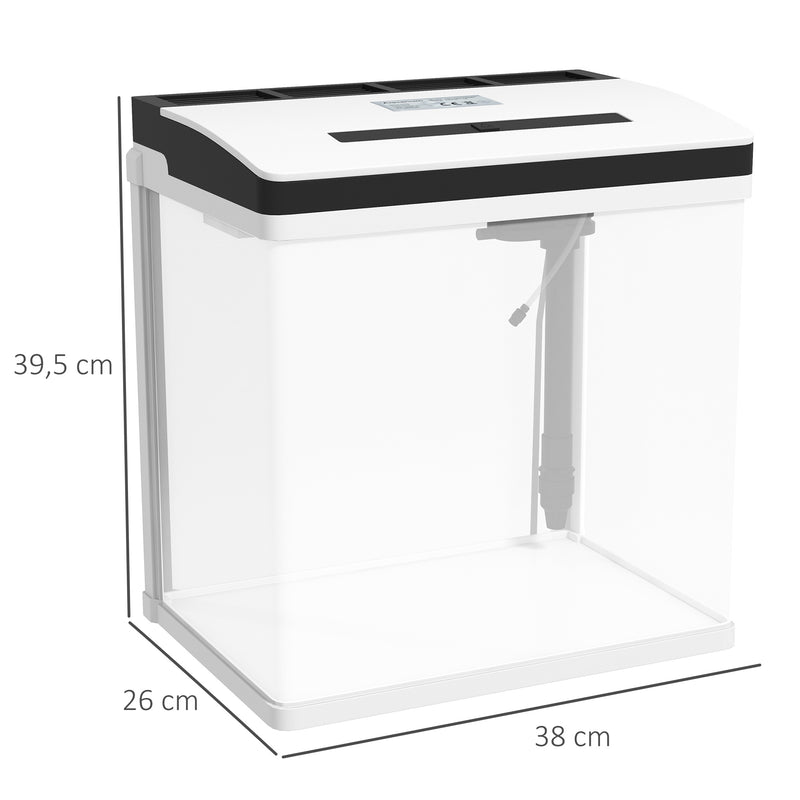 Aquário de Cristal de 28L Aquário Pequeno com Sistema de Filtração Iluminação LED e Bomba de Água 38x26x39,5 cm Branco