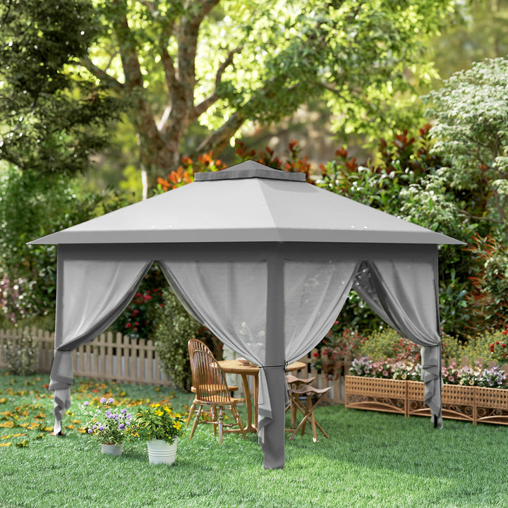 Tenda Dobrável Exterior 3,3x3,3 m com Altura Ajustável Tenda de Jardim com Teto Duplo 4 Mosquiteiras Removíveis e Bolsa de Transporte para Acampamento Festas Cinza