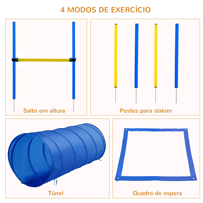 Conjunto de Treino de Agilidade para Cães Obstáculos de Salto para Cães com Altura Ajustável Túnel e Bolsa de Transporte Azul e Amarelo