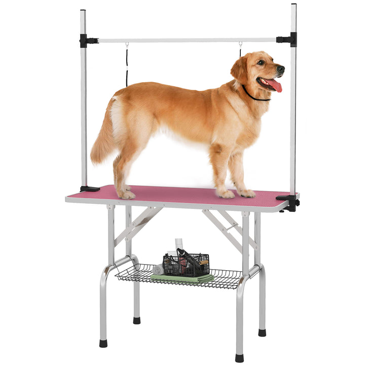 Mesa de Tosquia para Cães Dobrável Mesa de Higiene com Prateleira Metálica Superfície Antiderrapante Barra de Aço Inoxidável Ajustável para Cães e Gatos 107x60x164 cm Rosa
