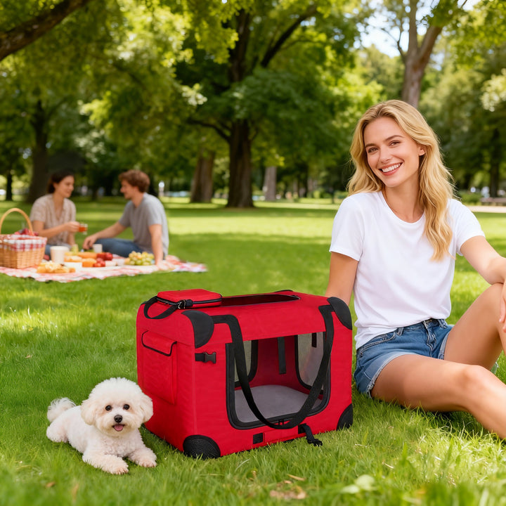 Transportadora Dobrável para Cães 60x41,5x41 cm com Janelas de Rede Almofada Macia e 2 Alças Bolsa para Mini Cães e Gatos Vermelho