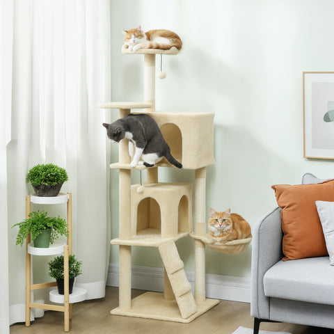 Arranhador para Gatos 160 cm Torre de Escalada com Múltiplas Plataformas Cama 2 Cavernas Rede Escada Postes de Sisal Bolas para Brincar Bege