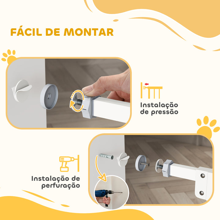 Barreira de Segurança para Cães Animais de Estimação 74-100cm para Escadas Portas e Corredores com Porta para Gatos Fechamento Automático e Sistema de Duplo Bloqueio Altura 91,4cm Branco