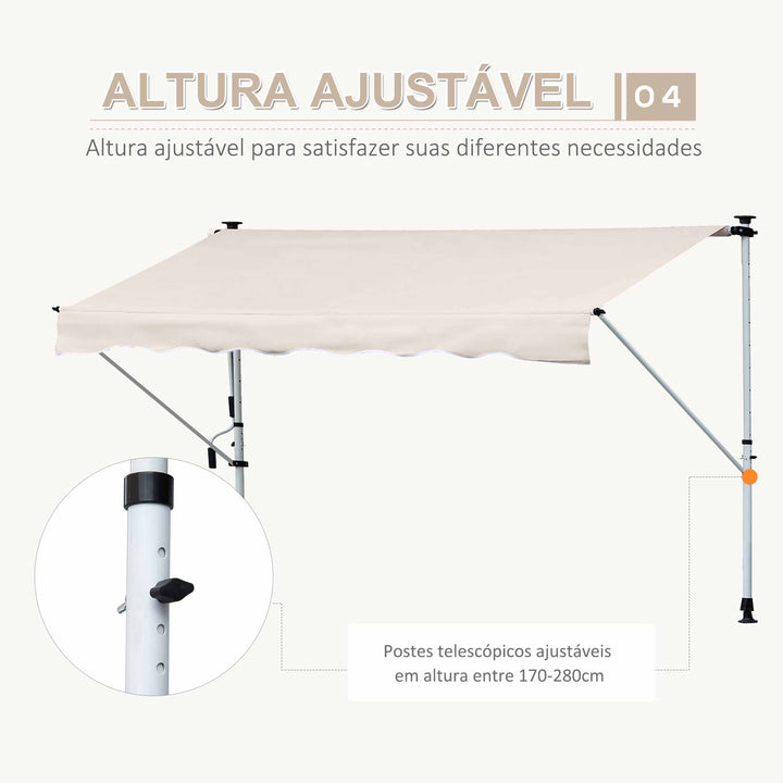 Toldo Manual Retrátil para Exterior 400x120x170-280cm Toldo Enrolável Altura Ajustável com Manivela Proteção Solar para Terraço Balcão Jardim Marrom Claro