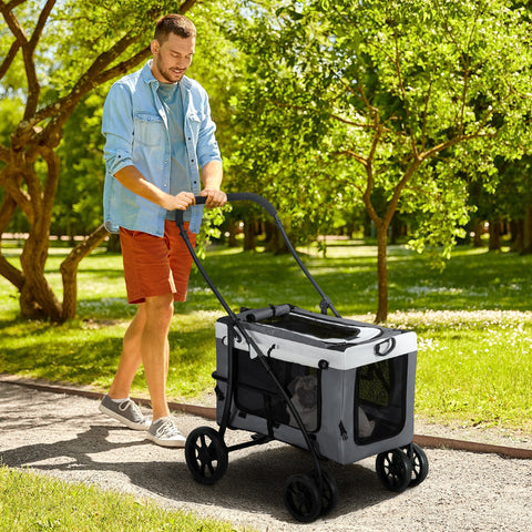 Carrinho para Animais de Estimação Carrinho para Cães Dobrável com Compartimento Desmontável 4 Portas com Fecho de Correr 2 Correias de Segurança e de Transporte 81x58x97,5 cm Cinza