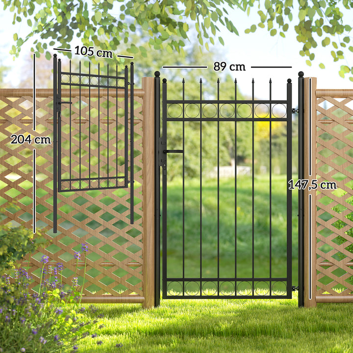 Porta de Jardim 89x147,5 cm Porta para Vedação de Barra de Aço Galvanizado com Puxador Fechadura e 3 Chaves para Exterior Pátio Preto