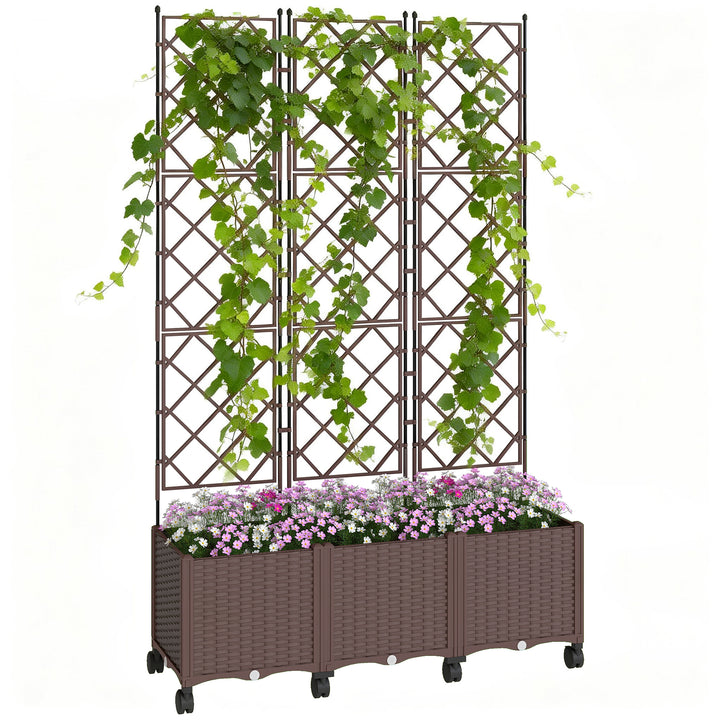 Floreira com Treliça Floreira Exterior Grande com Rodas para Plantas Trepadeiras com Orifícios de Drenagem e Tampões Floreira Elevada para Jardim Pátio Terraço 120x40x192 cm Castanho