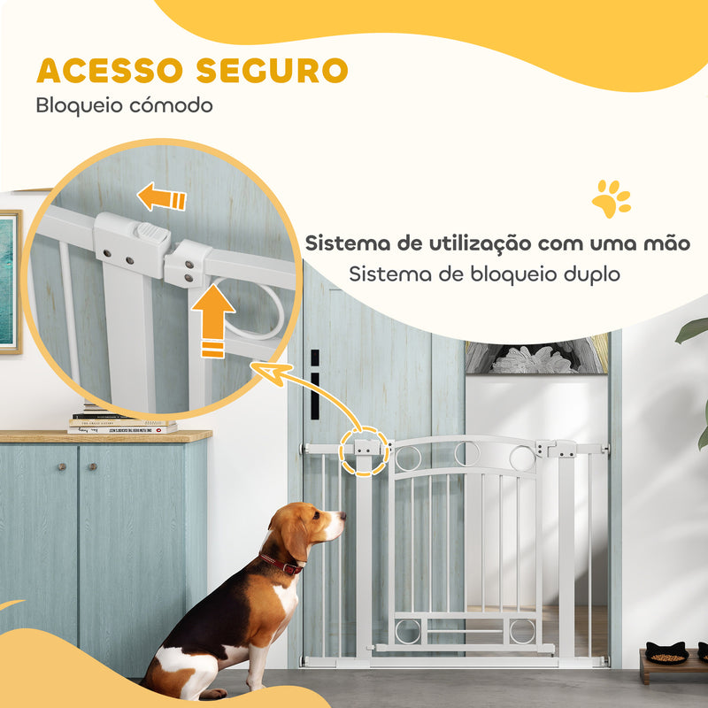 Barreira de Segurança para Cães Barreira de Segurança para Cães com Largura Ajustável 76-104 cm Barreira de Proteção com 2 Extensões para Escadas e Portas Branco