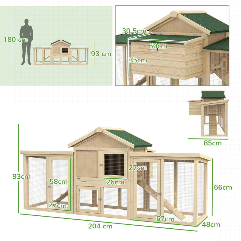 Gallinero Grande de Madera 204x85x93 cm Jaula para 2-4 Gallinas Gallinero con Nido Bandeja Extraíble Techo de Asfalto y Rampa para Exterior Natural