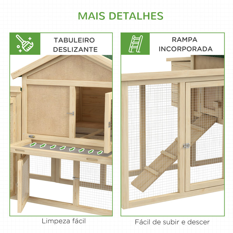 Gallinero Grande de Madera 204x85x93 cm Jaula para 2-4 Gallinas Gallinero con Nido Bandeja Extraíble Techo de Asfalto y Rampa para Exterior Natural