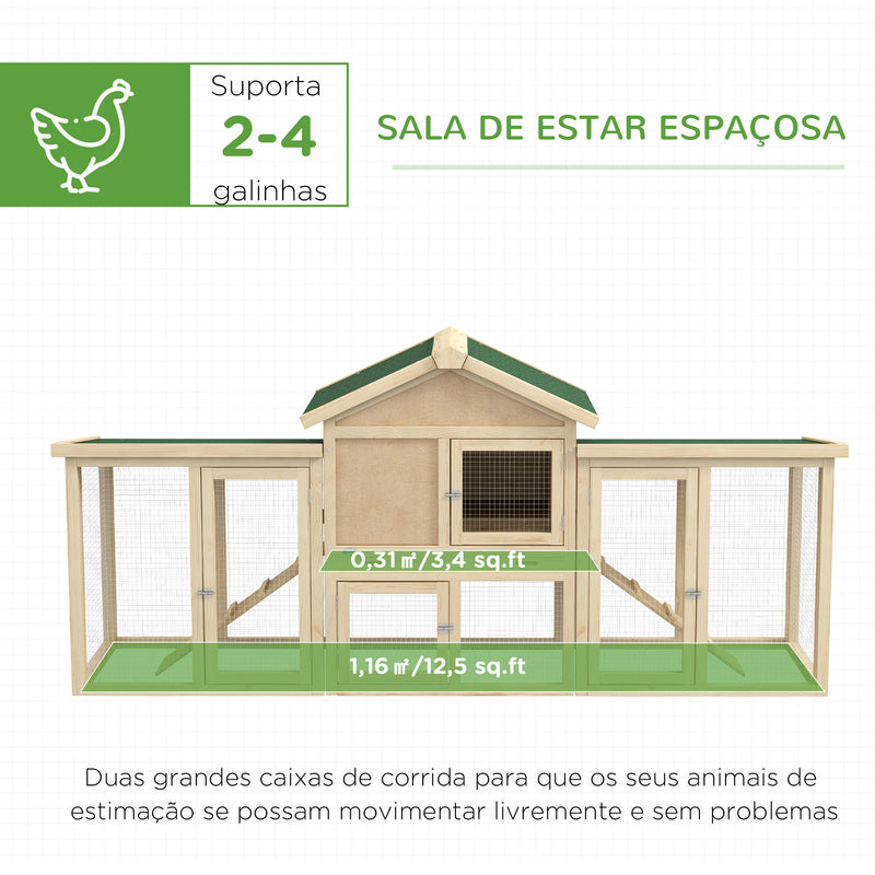 Gallinero Grande de Madera 204x85x93 cm Jaula para 2-4 Gallinas Gallinero con Nido Bandeja Extraíble Techo de Asfalto y Rampa para Exterior Natural