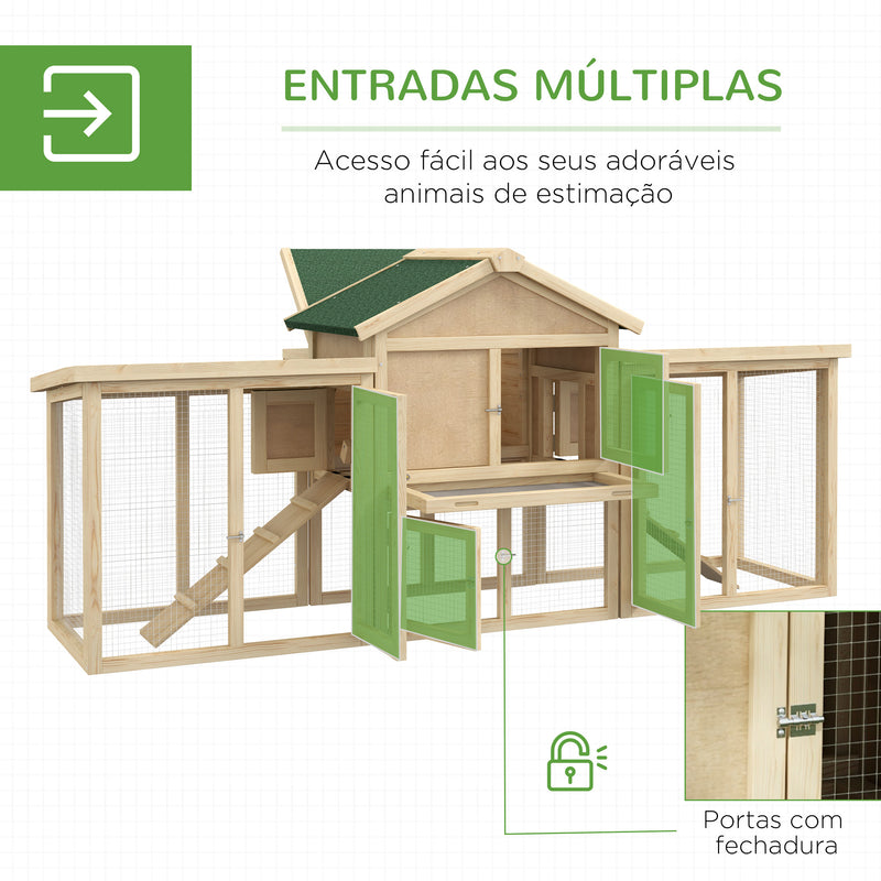 Gallinero Grande de Madera 204x85x93 cm Jaula para 2-4 Gallinas Gallinero con Nido Bandeja Extraíble Techo de Asfalto y Rampa para Exterior Natural