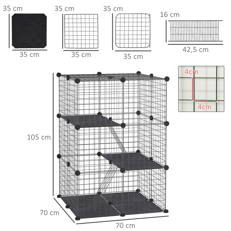 Recinto para Animais de Estimação de 3 Níveis Parque para Animais de Estimação com Rampas e Desenho Personalizável para Cobaias Chinchilas 70x70x105 cm Preto