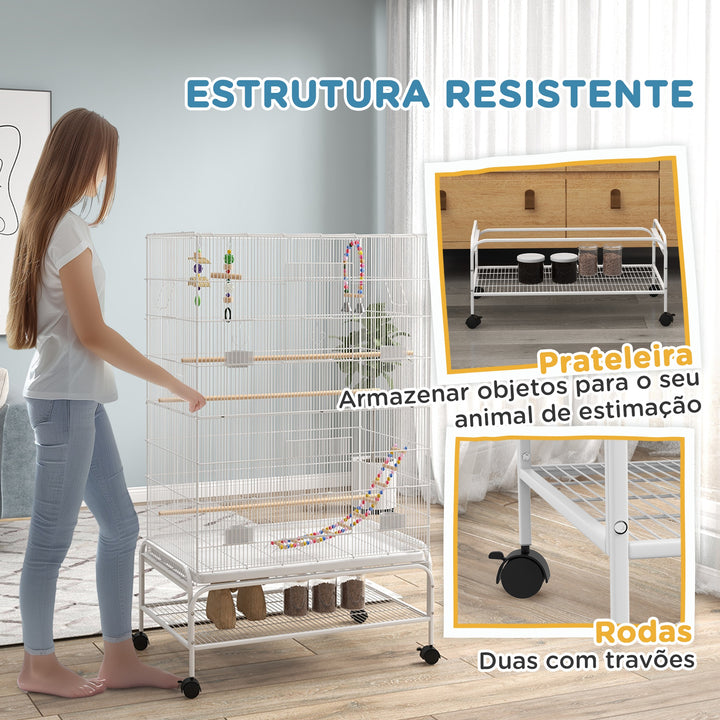 Gaiola para Pássaros com Rodas 79x49x133 cm Gaiola Metálica Grande com Suporte 4 Comedouros 3 Poleiros Brinquedos Bandeja Amovível e Prateleira para Canários Periquitos Branco