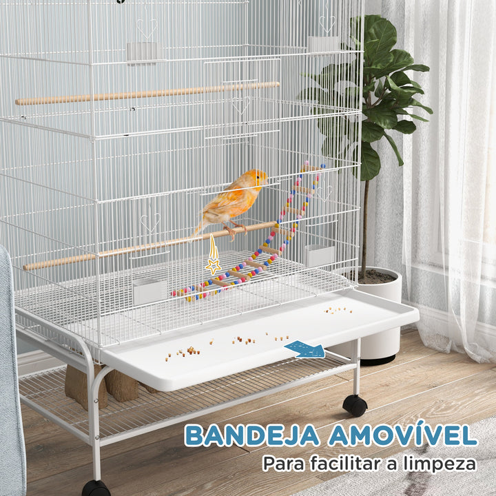 Gaiola para Pássaros com Rodas 79x49x133 cm Gaiola Metálica Grande com Suporte 4 Comedouros 3 Poleiros Brinquedos Bandeja Amovível e Prateleira para Canários Periquitos Branco